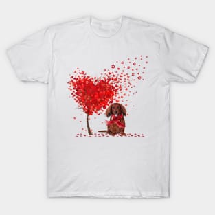 Valentine's Day Heart Tree Love Red Long Haired Dachshund T-Shirt